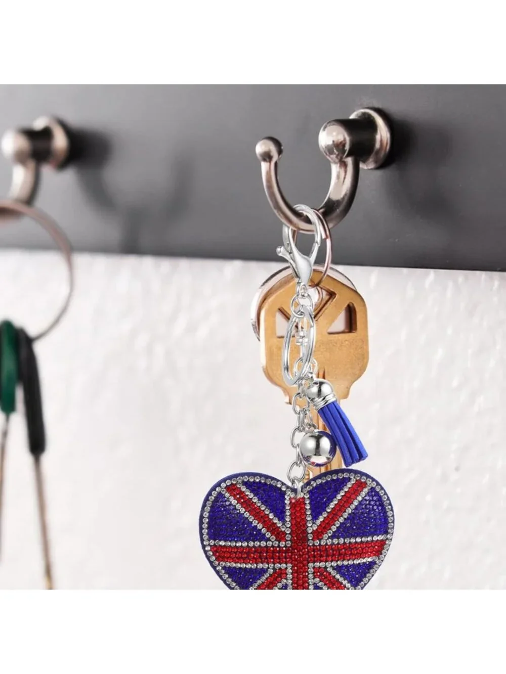 Heart-Shaped Union Jack Rhinestone Keychain Set of 2 | British Flag Bag Charm